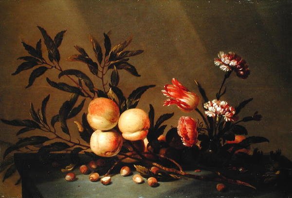 Stilleben af ferskner og blomster, 1641 af Hans Bollongier
