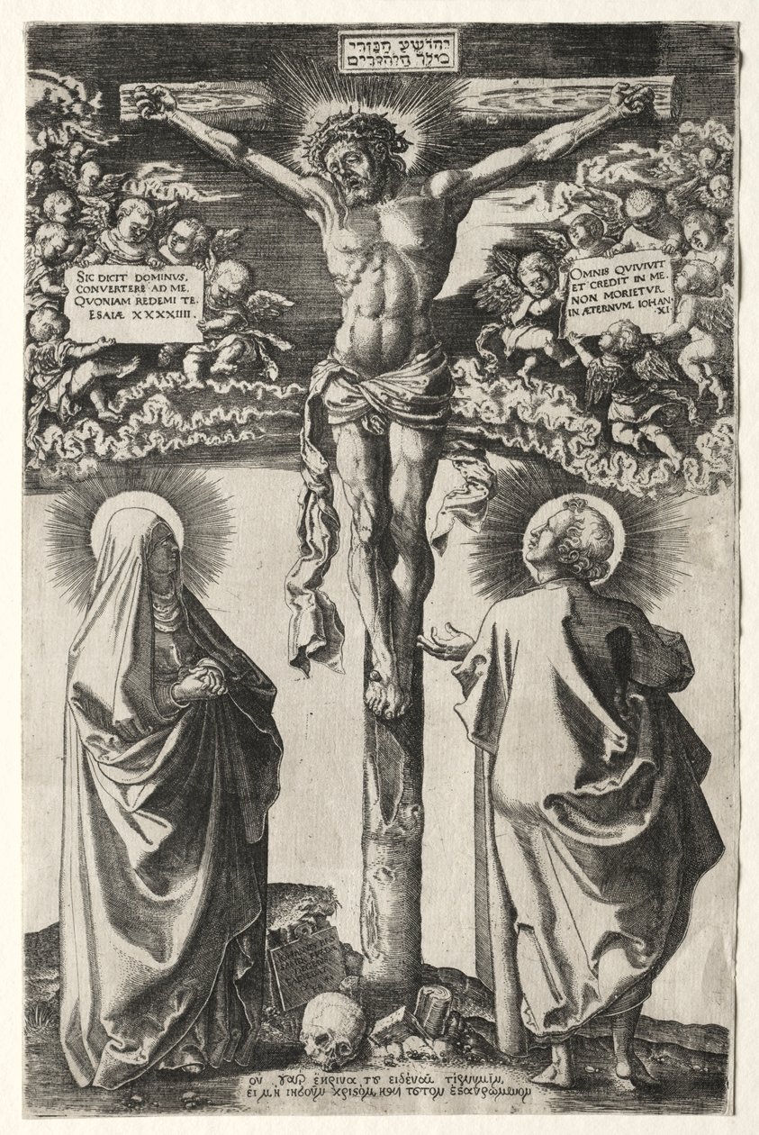 Kristus på korset mellem jomfruen og Johannes, 1542. af Hans Brosamer