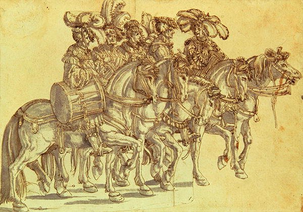 Fem trommeslagere til hest, ca. 1500 (pen & blæk og vask på papir) af Hans Burgkmair