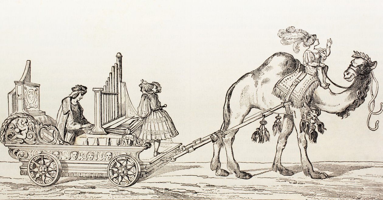 Organisten Paul Hofhaimer spiller i en vogn trukket af en kamel, fra "El Mundo Ilustrado", udgivet i Barcelona i 1880. af Hans Burgkmair