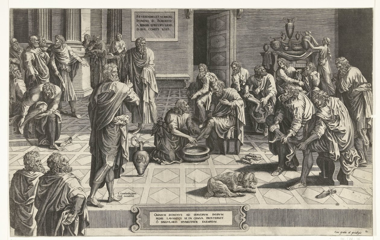 Christ wast de voeten van de discipelen Alles Herre bøjer sig ned på sine knæ for at vaske sine tjeneres fødder, et eksempel på enestående ydmyghed (titel på objekt) af Hans Collaert (I) (attributed to)