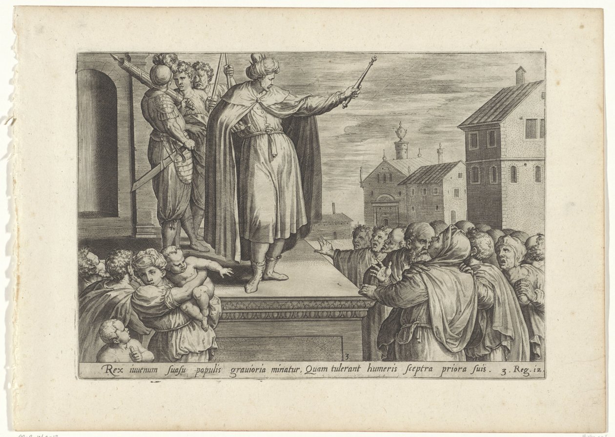 Rechabeam svarede folk Geschiedenis van Jeroboam en Rechabeam (serietitel) Skatkammeret for de hellige historier i Det Gamle Testamente (...) (serietitel) af Hans Collaert (I) (attributed to)