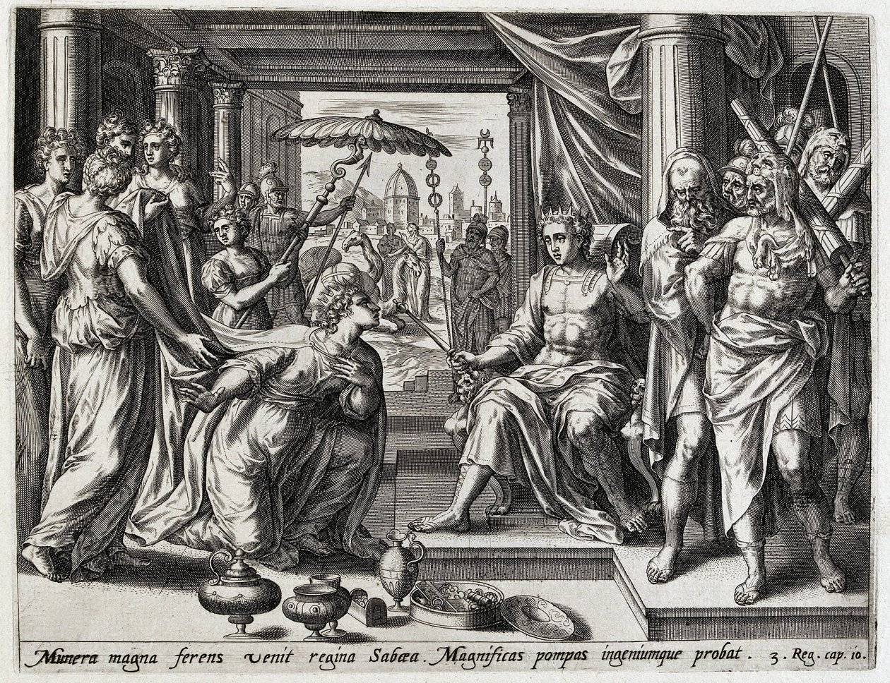 Solomon ontangt de koningin van Seba Geschiedenis van Salomo (serietitel) Kong Salomons historie (...) (serietitel) Skatten af ​​det gamle testamentes hellige historie, udvalgt med de mest fremragende billeder udtrykt i denne kunst af Hans Collaert (I) (attributed to)