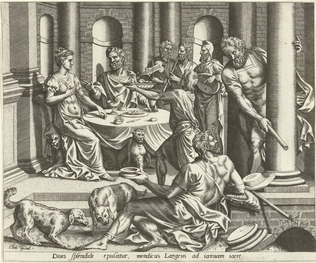 Lazarus tigger om den rige mands hus Historien om Lazarus og den rige mand (serietitel) af Hans Collaert (I) (possibly)