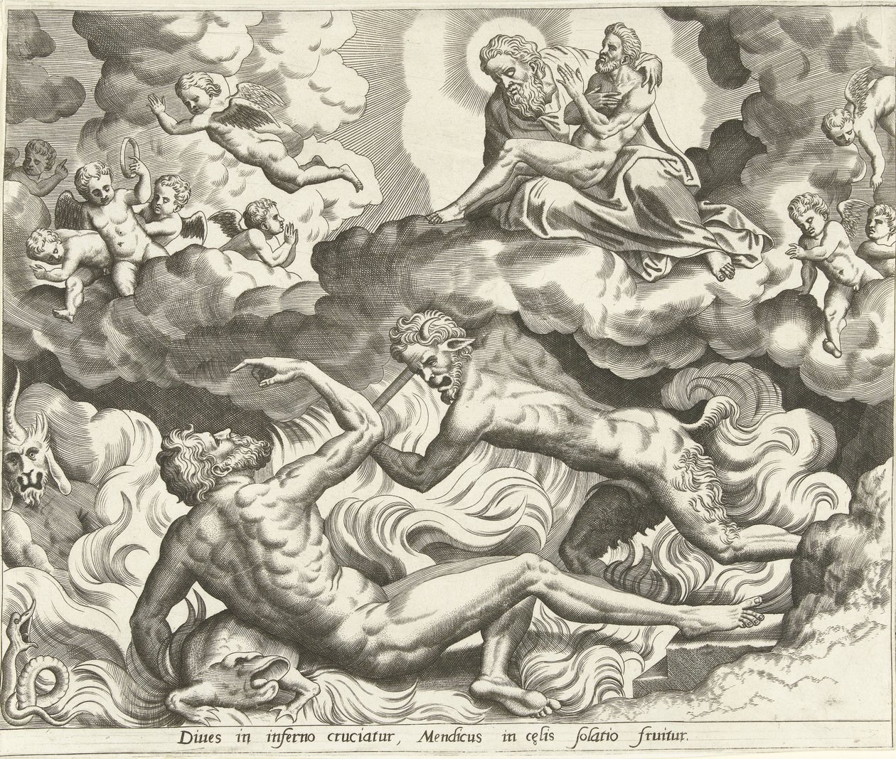 Lazarus i himlen og den rige mand i helvede Historien om Lazarus og den rige mand (serietitel) af Hans Collaert (I) (possibly)
