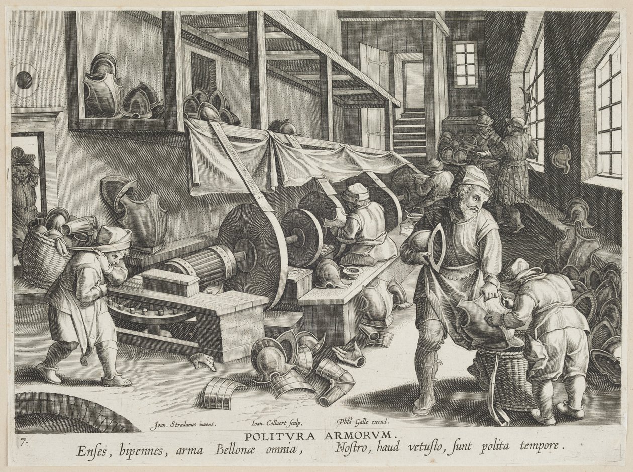 Politura Armorum (Poleringsvåben), plade 17 fra serien Nova Reperta (Modern Discoveries) c.1588 (gravering på lagt papir) af Hans Collaert