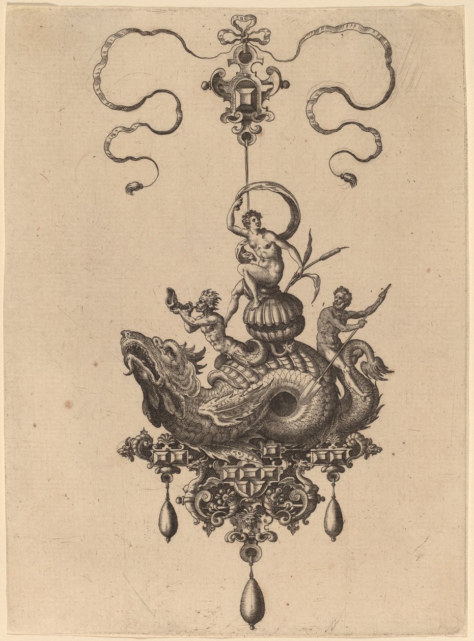 Design til et vedhæng med havmonster, der bærer en kvinde på en skal flankeret af en triton og en mand med en åre af Hans Collaert the Elder