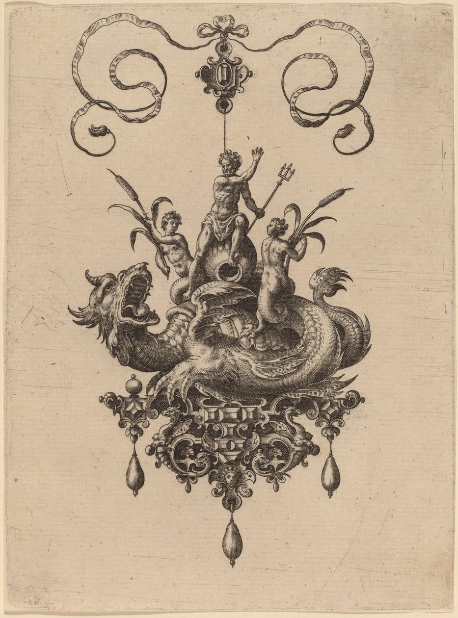 Design til et vedhæng med et havmonster, der bærer Neptun flankeret af to Nereider af Hans Collaert the Elder