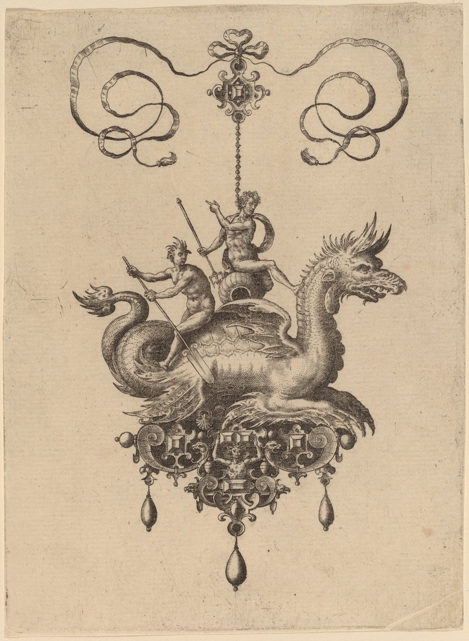 Design til et vedhæng med et havmonster, der bærer Neptun på en urne flankeret af en flodgud med en åre af Hans Collaert the Elder