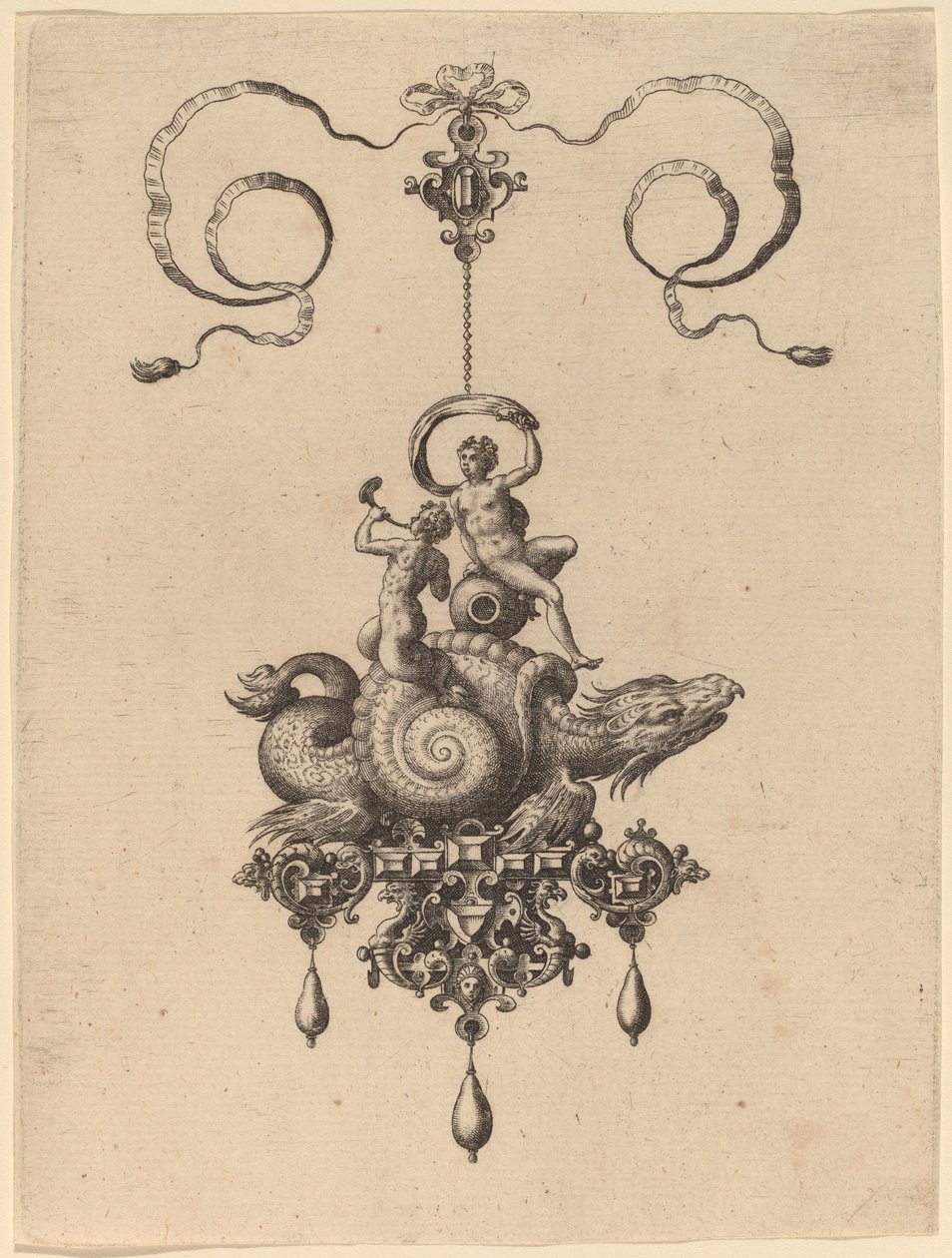 Design til et vedhæng med et havmonster i en skal, der bærer en triton og en kvinde med et sejl af Hans Collaert the Elder