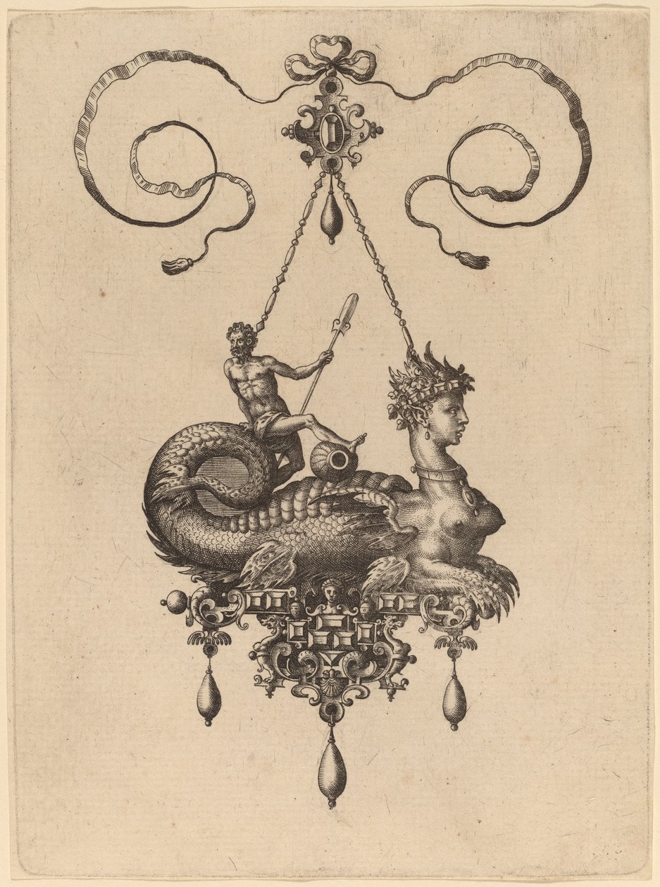 Design til et vedhæng med en sfinx med kroppen af en fisk, der bærer en mand med en åre af Hans Collaert the Elder