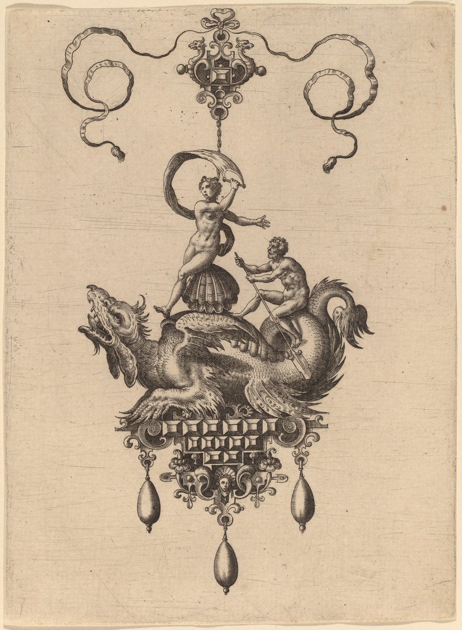 Design til et vedhæng med et bevinget havmonster, der bærer Venus Anadyomene på en skal og en mand med en åre af Hans Collaert the Elder