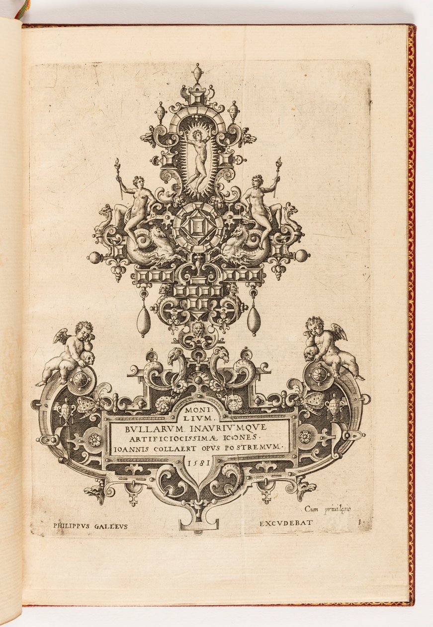 Plade 1, titelside fra en suite på ti, med titlen Monilium Bullarum Inauriumque Artificocissimae Icones, Ioannis Collaert Opus Postremum (Designer til halskæder, vedhæng og øreringe af højeste dygtighed, det endelige værk af Joannis Collaert) af Hans Collaert the Elder