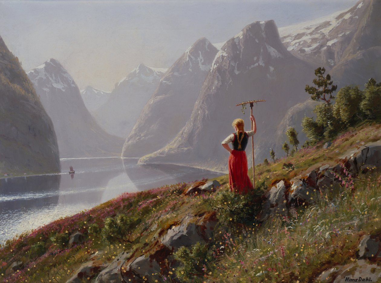Pige med rive i fjordlandskab af Hans Dahl