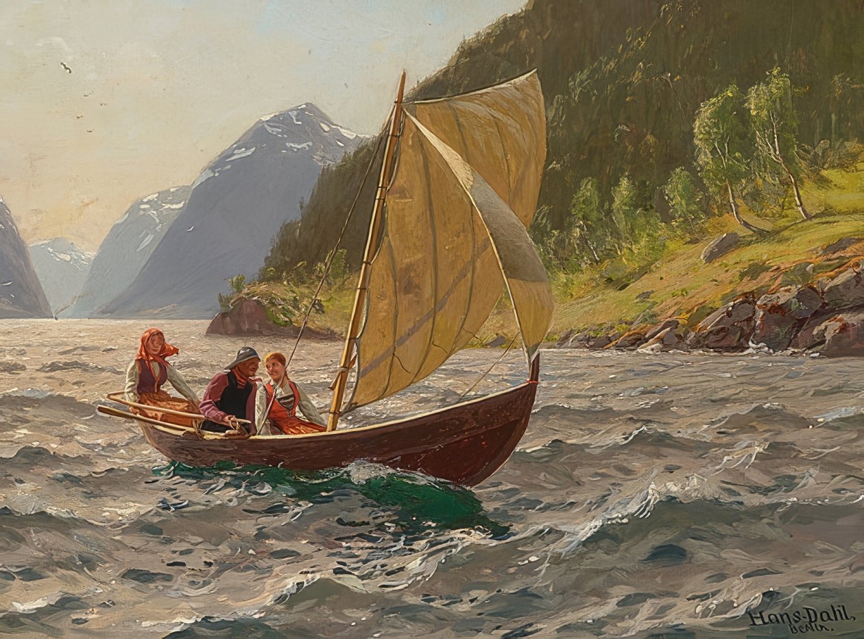 Sejltur i et norsk fjordlandskab af Hans Dahl