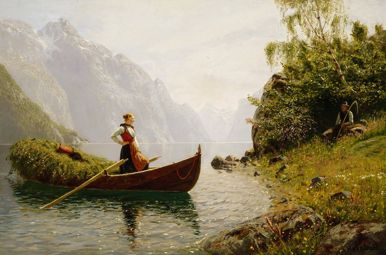 Kvinde og mand i fjordlandskab af Hans Dahl