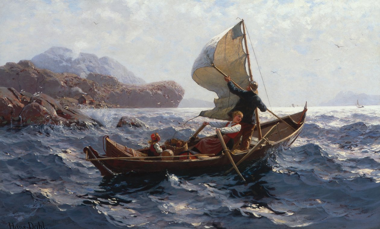 Kvinde, mand og barn i en Oselver af Hans Dahl