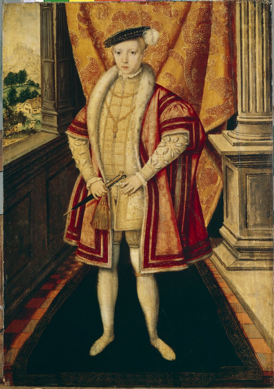 Portræt af kong Edward VI (1537-1553) af England og Irland (Portræt af kong Edward VI af England). tredje hersker af Tudor-dynastiet, han var den første protestantiske hersker, der besteg tronen. Maleri af Hans Eworth (Ewouts) (ca af Hans Eworth or Ewoutsz