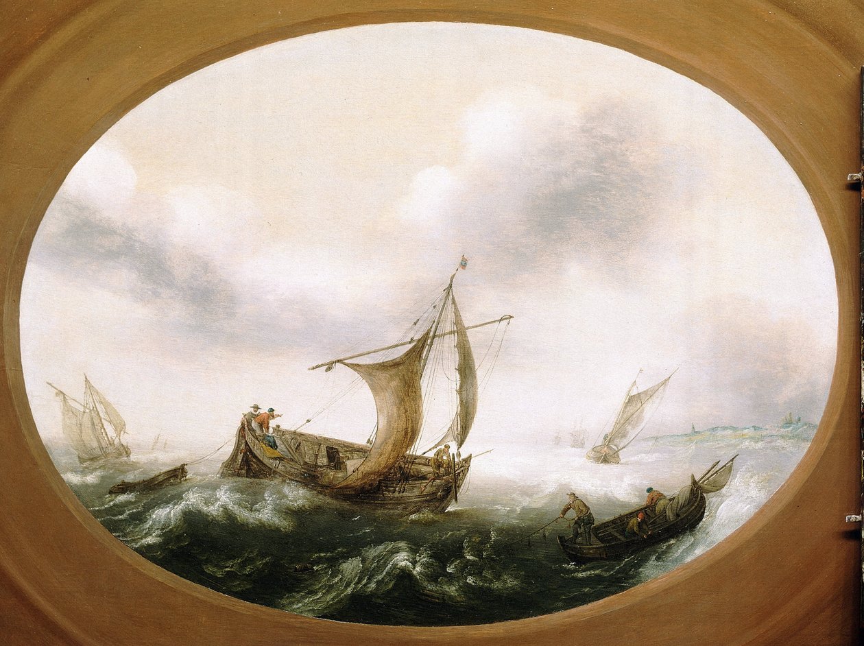 Hollandske fiskerbåde fanget i en stor brise, en mindre båd, der sejler ned, til højre, med fiskere, der trækker nettene. af Hans Goderis