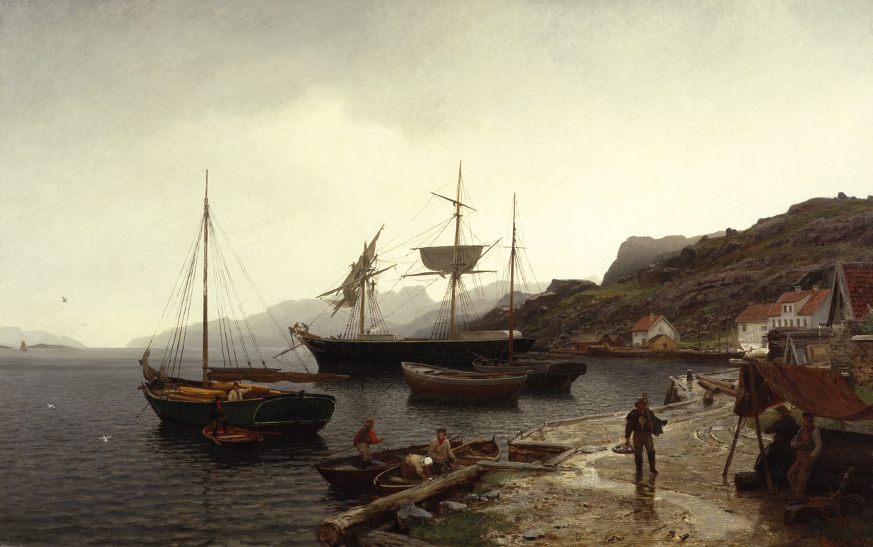 Fiskesmæk (båd) i havn, Kleven, Mandal af Hans Gude