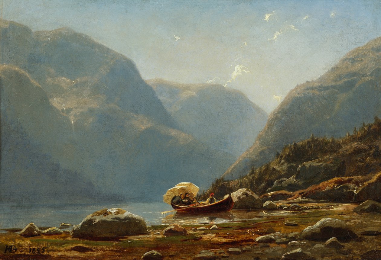 Fjordlandskab med mennesker i robåd af Hans Gude