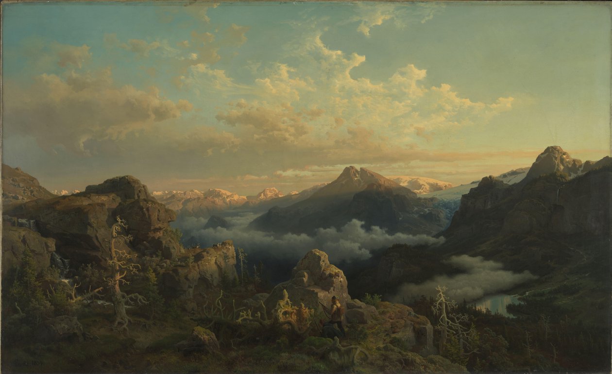 Det norske højland i Sunrise af Hans Gude