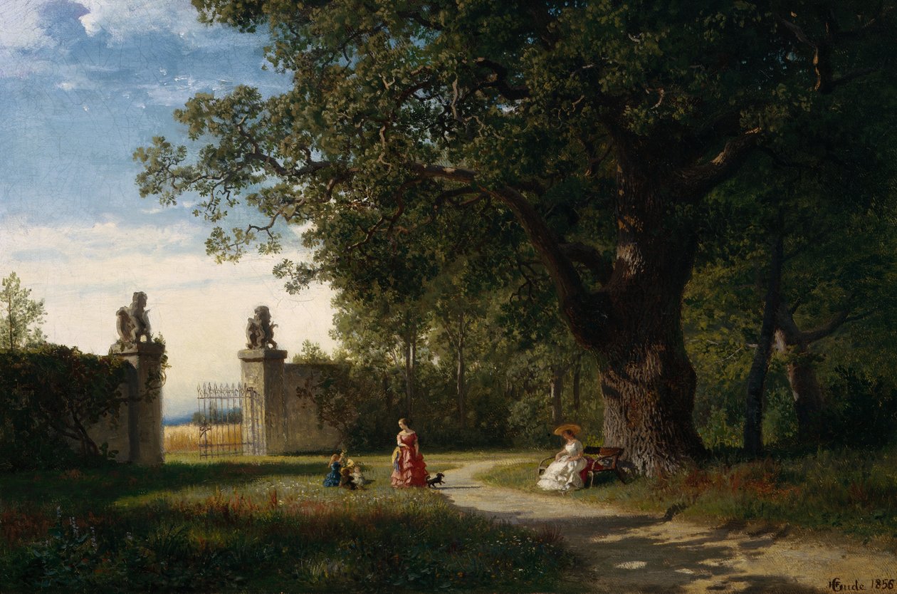 Parklandskab med figur af Hans Gude