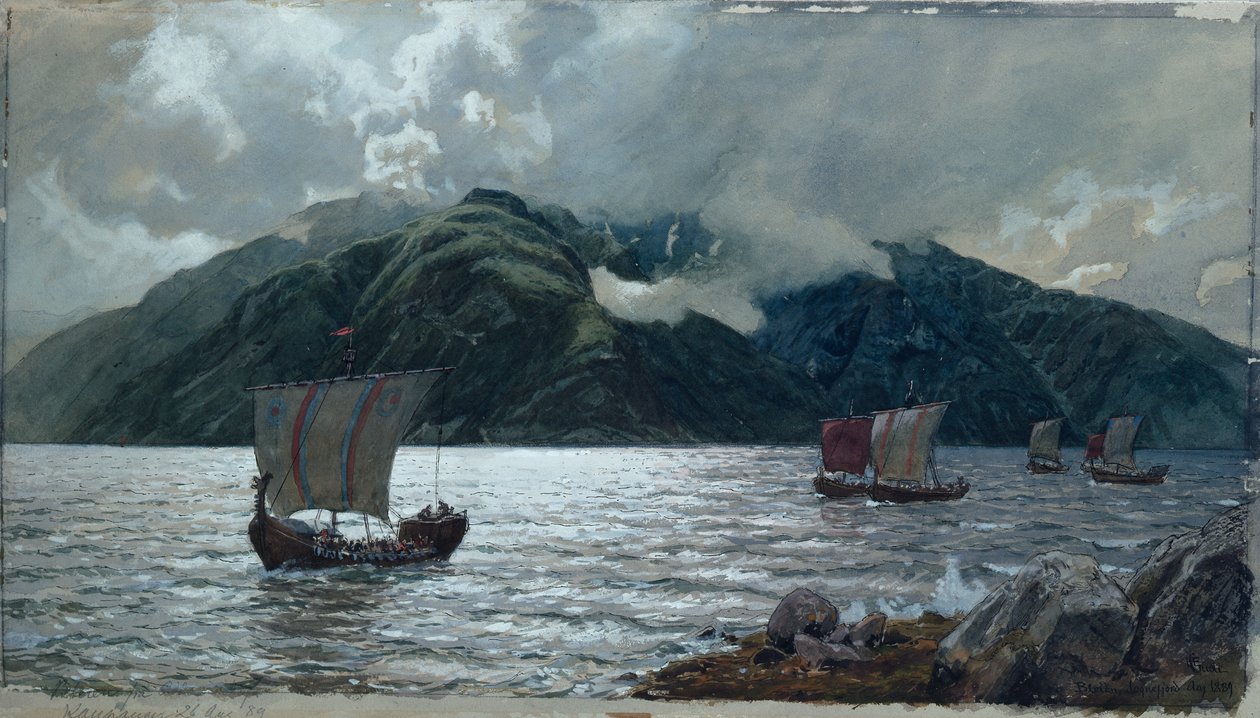 Vikingeskibe, Sognefjord (akvarel, pen, blyant og gouache på papir) af Hans Gude