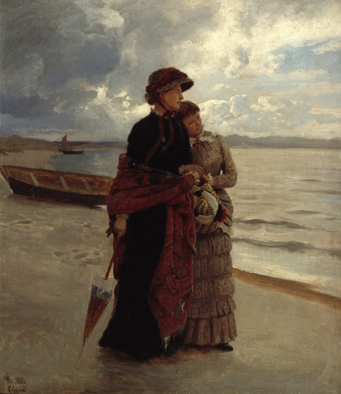 Gå på stranden, Rügen (olie på lærred) af Hans Gude