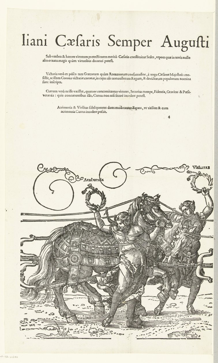 Triomfwagen van keizer Maximiliaan I Kopien til Dürers Triomfwagen voor keizer Maximiliaan I (serietitel) Dette er en triumfvogn til ære for Invictus. Og den Herligste Prins D. Maximilianus Caesaris Semper Augustus blev klædt, Og af Albertus af Hans Guldenmund