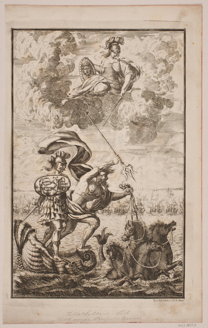 Neptun farende over havet. Titelblad til Fontenay, "Söe-Evolution"; København 1743 af Hans Henrich Christian Ulrich