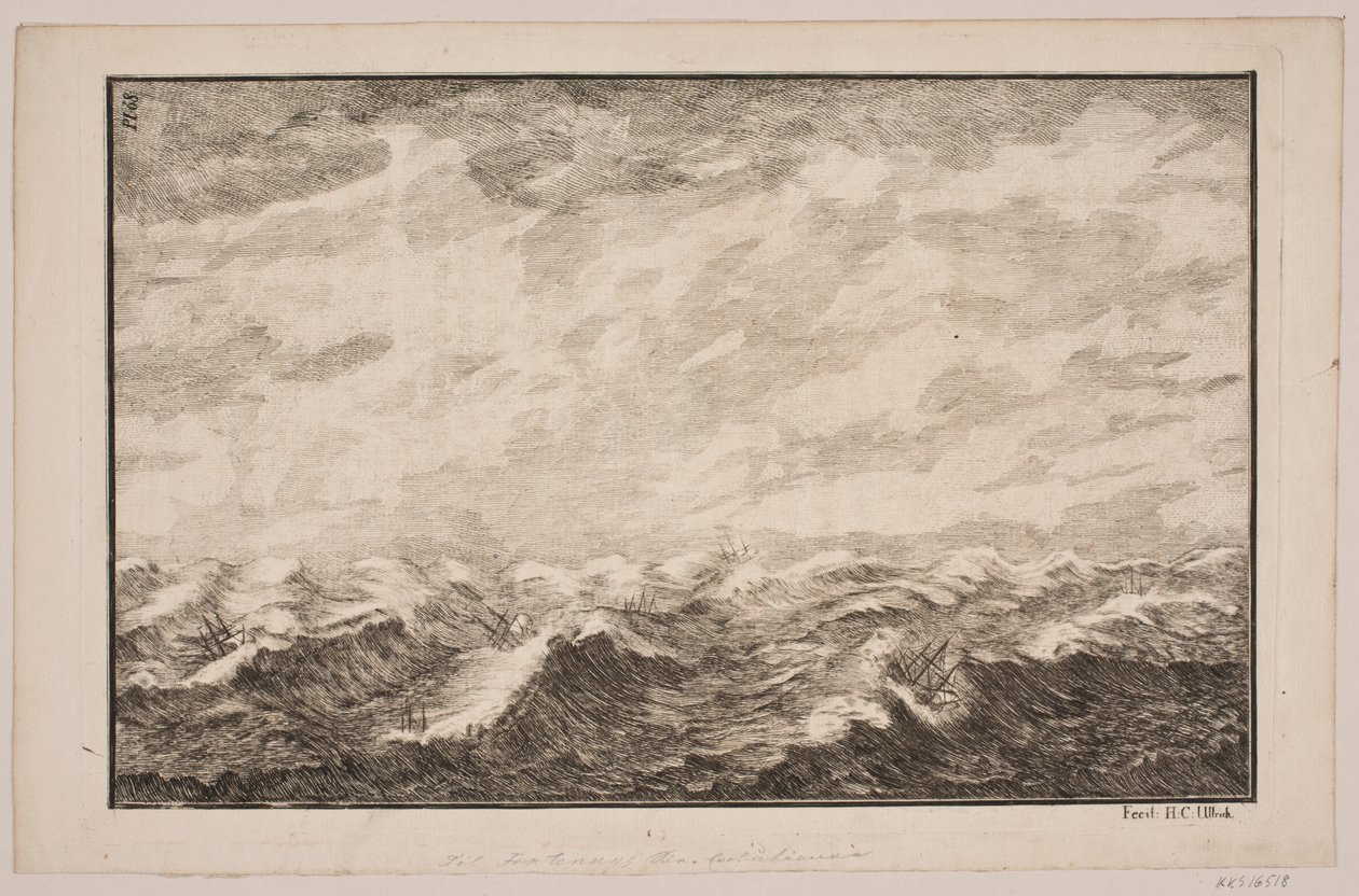 Skibe i oprørt sø. Illustration til Fontenay, "Söe-Evolution"; København 1743 af Hans Henrich Christian Ulrich