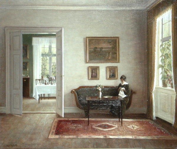 Interiør med siddende figur (olie på lærred) af Hans Hilsoe