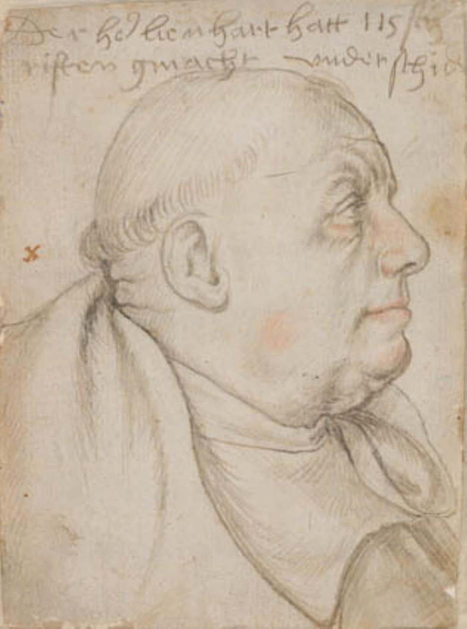 Portræt af kalligrafen Leonhard Wagner, med tilnavnet Würtslin, munk af St. Ulrich og Afra i Augsburg, i profil til højre af Hans Holbein d.Æ.