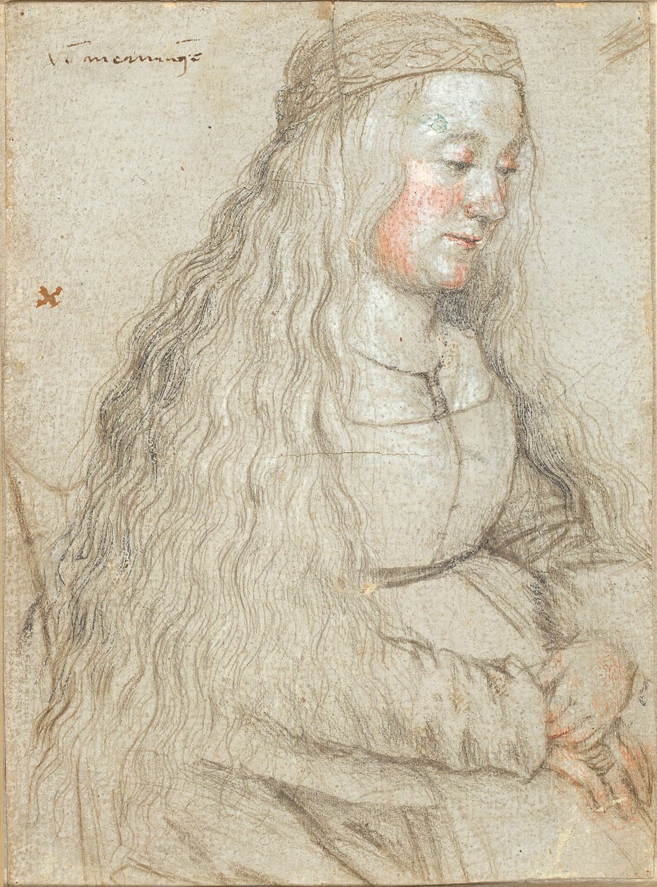 Siddende brud med strømmende hår og pandebånd af Hans Holbein d.Æ.