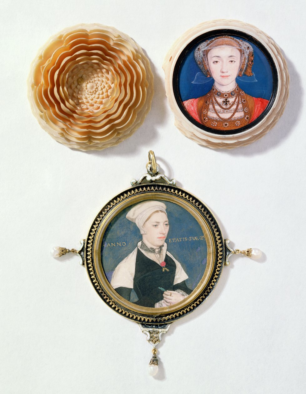 Anne af Cleves (øverst), 1539 (wc på vellum) og Jane Small, tidligere kendt som Mrs. Robert Pemberton (nederst), c.1540 (wc på vellum monteret på spillekort) af Hans Holbein der Jüngere