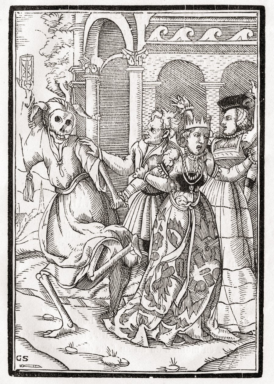 Døden kommer til dronningen, graveret af Georg Scharffenberg, fra "Der Todten Tanz", udgivet i Basel, 1843 af Hans Holbein der Jüngere