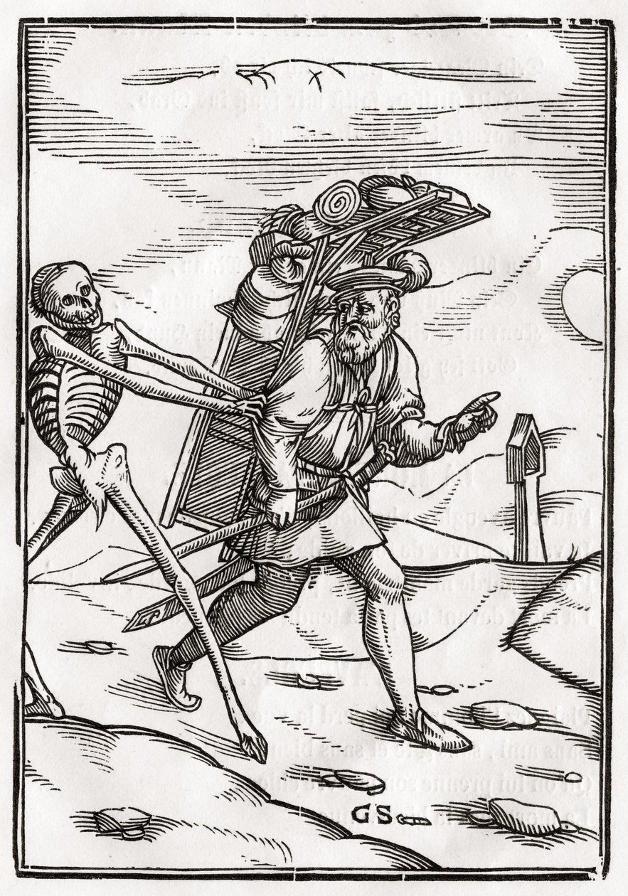 Døden kommer til kræmmeren, graveret af Georg Scharffenberg, fra "Der Todten Tanz", udgivet i Basel, 1843 af Hans Holbein der Jüngere