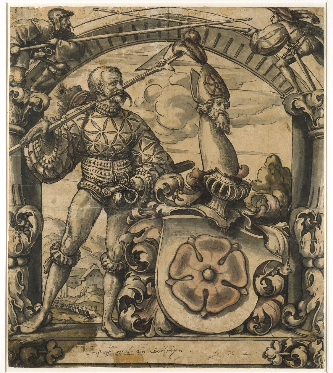 Design til et heraldisk panel af farvet glas, 1522 (pen og sort blæk med vask) af Hans Holbein der Jüngere