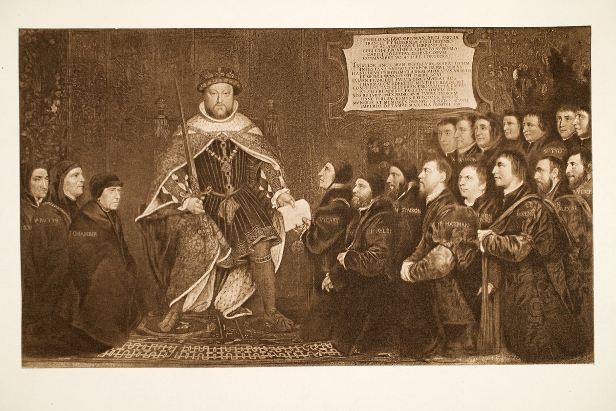 Henrik VIII giver et charter til barber-kirurgerne, ca. 1543, pub. 1902 (collotype) af Hans Holbein der Jüngere