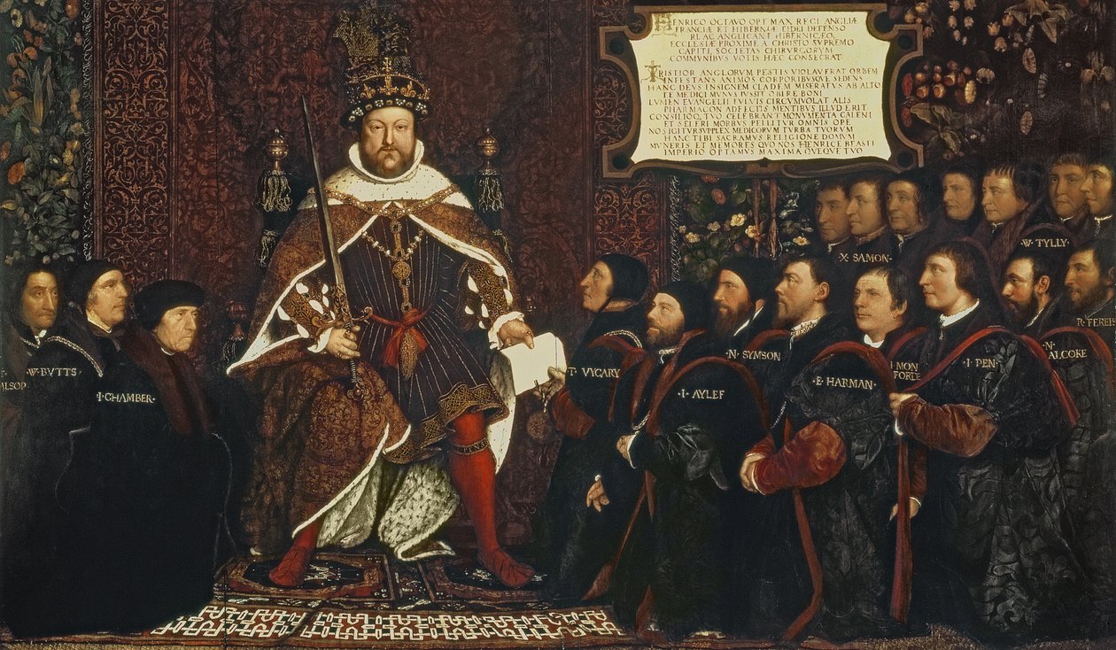 Henry VIII overdrager et charter til Thomas Vicary til minde om tilslutningen af Barbers and Surgeons Guilds, 1541 af Hans Holbein der Jüngere