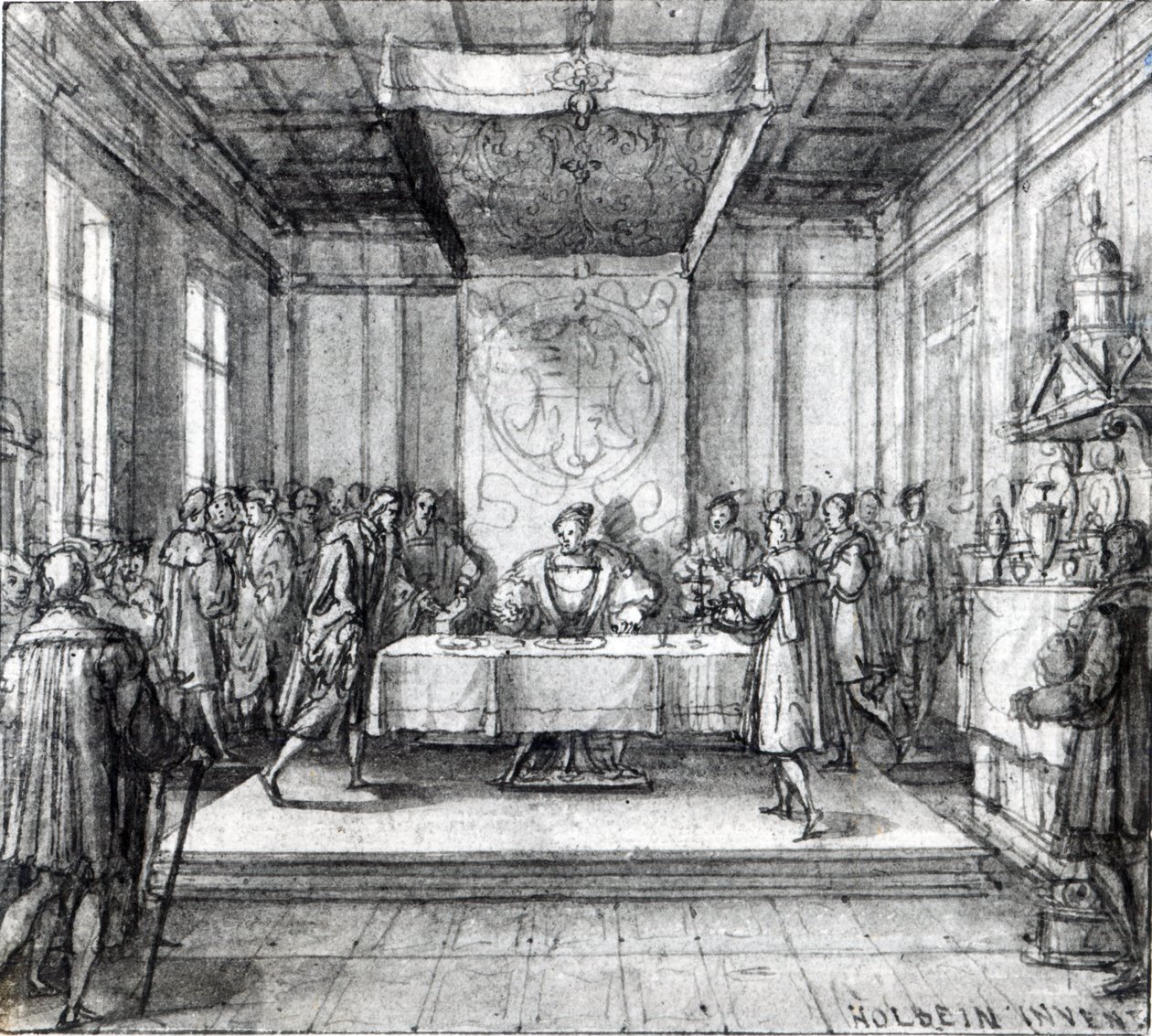 Henry VIII i sit hemmelige kammer (pen, blæk og vask på papir) af Hans Holbein der Jüngere