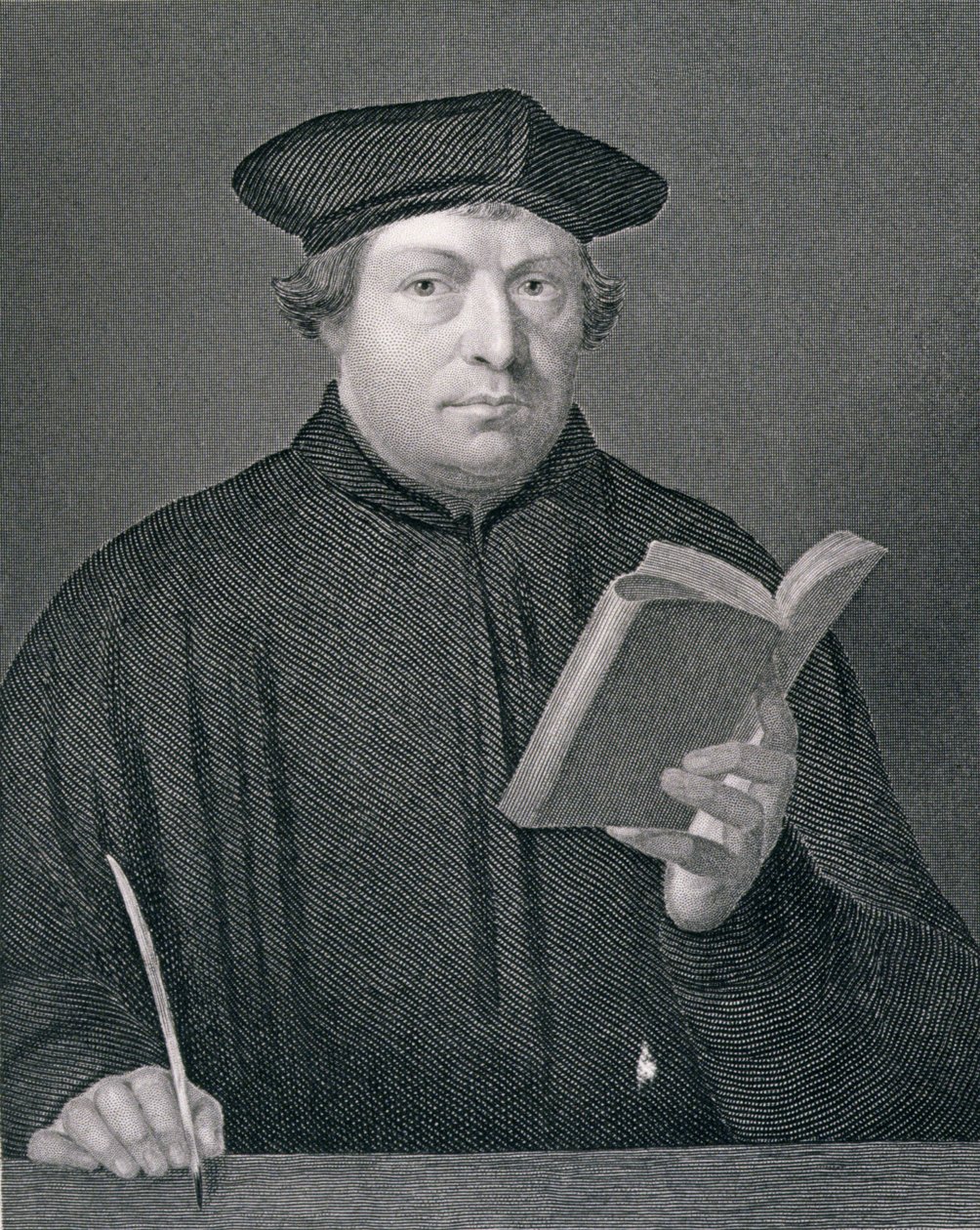 Martin Luther (1483-1546), graveret af W. Holl, fra "World Religion", udgivet af A. Fullarton und Co. af Hans Holbein der Jüngere