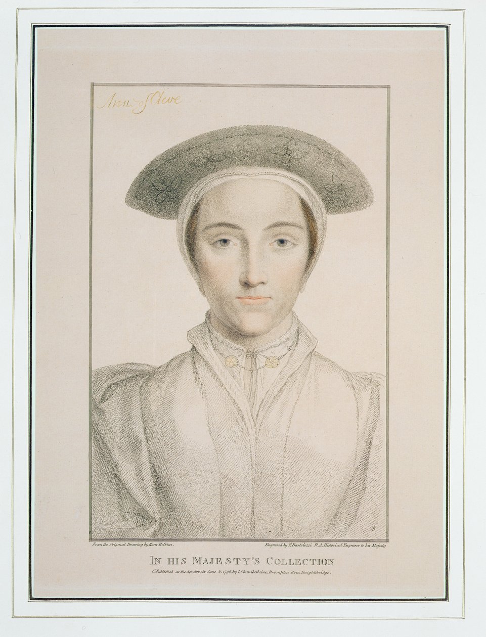 Portræt af dronning Anne af Cleves (1515-57) graveret af Francesco Bartolozzi (1727-1815) udgivet 1796 af Hans Holbein der Jüngere