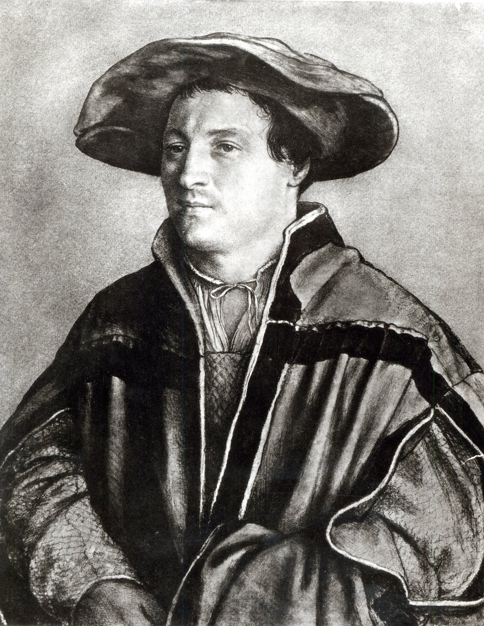 Portræt af en mand med rød hat, ca. 1530 (kridt og wc på papir) af Hans Holbein der Jüngere