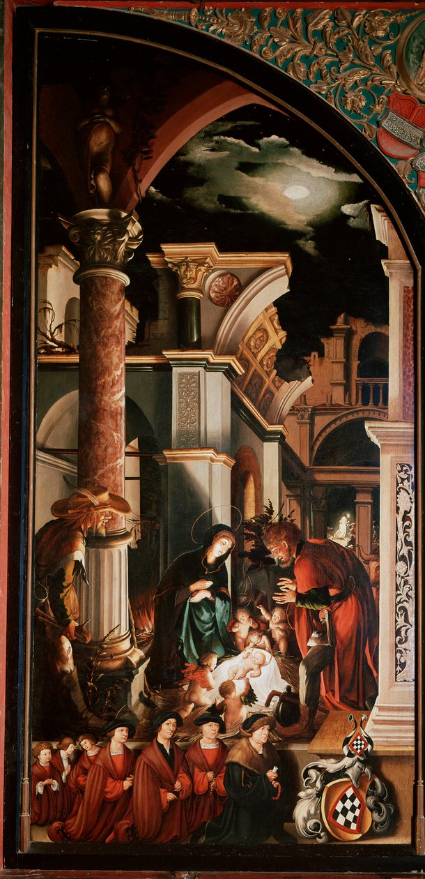 Altertavle Oberried: “Hyrdernes tilbedelse”” Detrempe på træ af Hans Holbein den Unge (1497/8-1543) 1521-1522 Søn. 231x109 cm Cathedrale de Fribourg, Schweiz af Hans Holbein der Jüngere