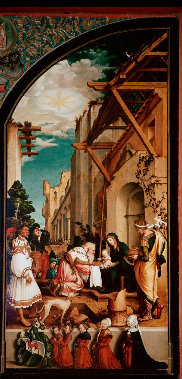 Altertavle Oberried: “Mægernes tilbedelse”” Detrempe på træ af Hans Holbein den Unge (1497/8-1543) 1521-1522 Søn. 231x109 cm Cathedrale de Fribourg, Schweiz af Hans Holbein der Jüngere