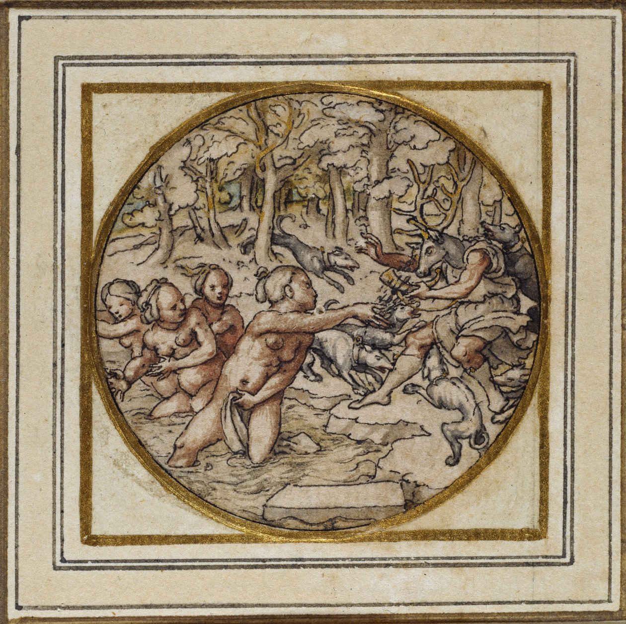 Diana og Actaeon - Design til et vedhæng eller et hatemblem, ca. 1532-43 (pen og blæk på papir) af Hans Holbein der Jüngere