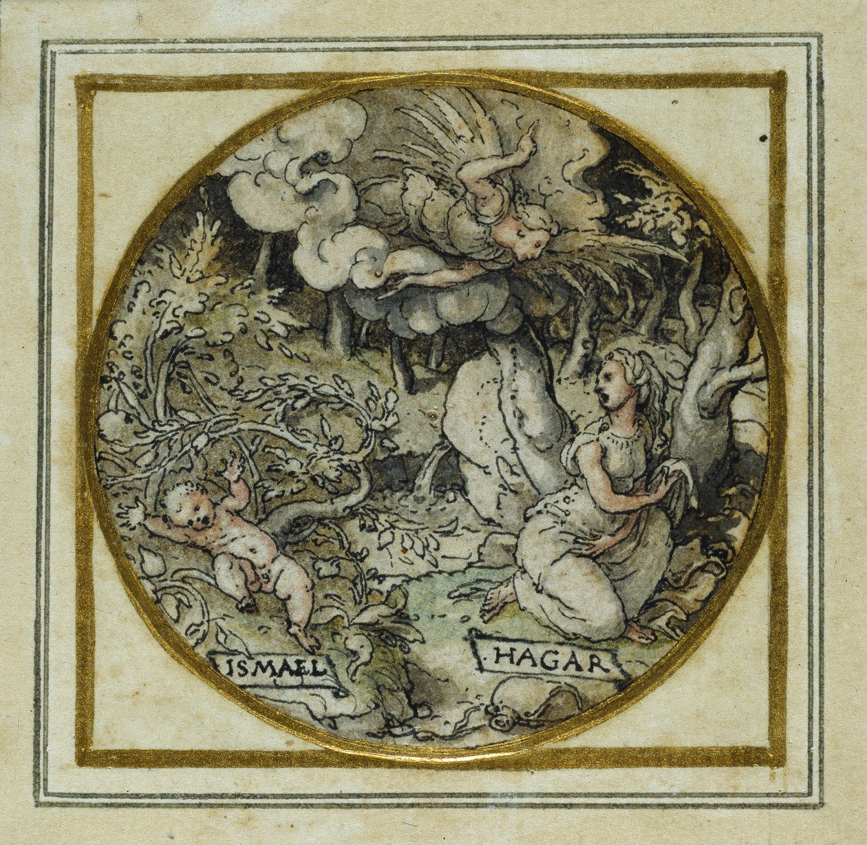 Hagar og Ismael - Design til et vedhæng eller et hatemblem, ca. 1532-43 (pen og blæk på papir) af Hans Holbein der Jüngere