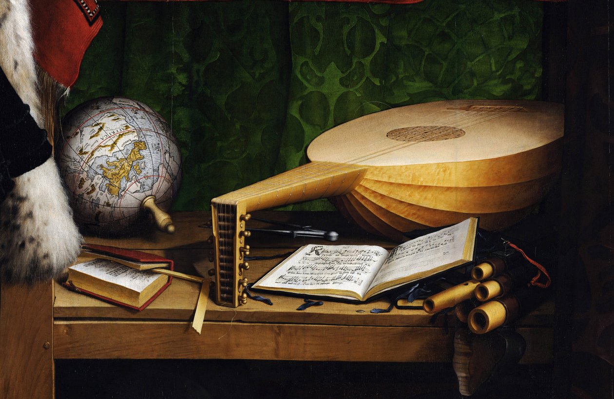 Ambassadørerne (Jean de Dinteville (1504-1555 eller 1557) og Georges de Selve (1506-1541). (Ambassadørerne (Jean de Dinteville og Georges de Selve). Detalje af instrumenterne på den nederste hylde: jordklode, bog af aritmetik, en lut med en co af Hans Holbein der Jüngere